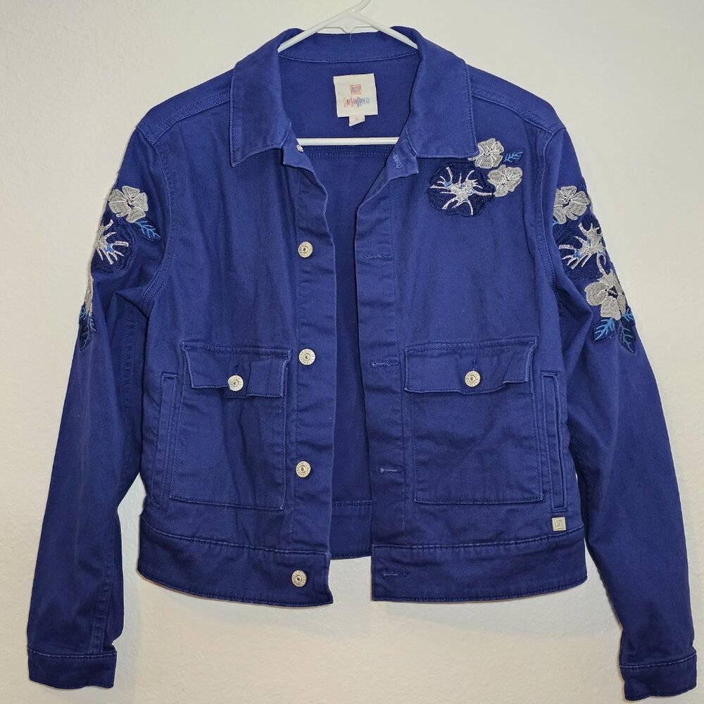 LuLaRoe Women’s Flower Floral Embroidered Bright Blue Denim Jean Jacket Size S